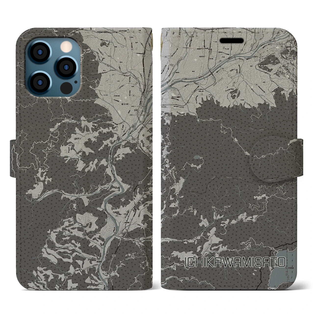 【市川三郷(山梨県)】地図柄iPhoneケース(手帳タイプ)モノトーン・iPhone 12 / 12 Pro 用