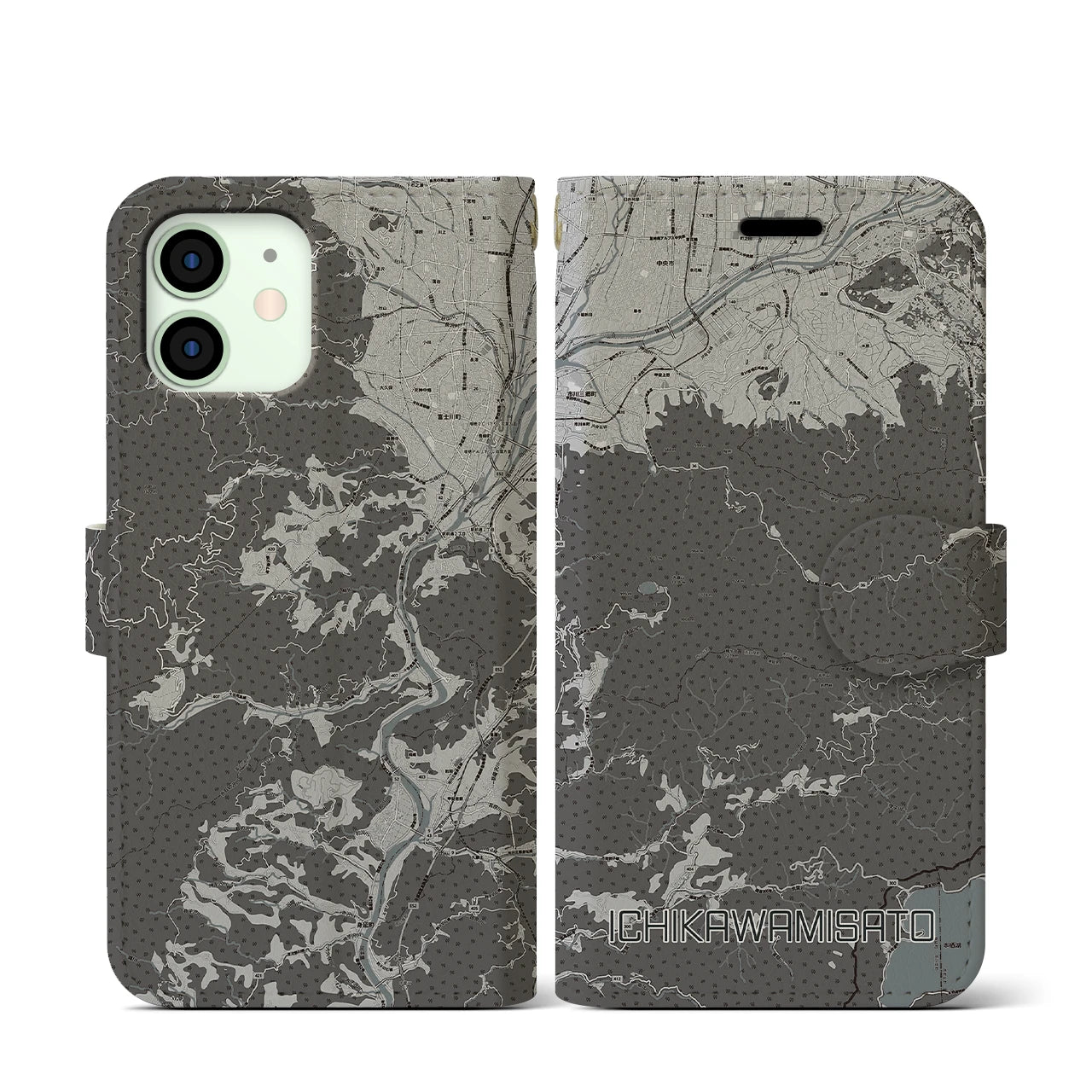 【市川三郷(山梨県)】地図柄iPhoneケース(手帳タイプ)モノトーン・iPhone 12 mini 用