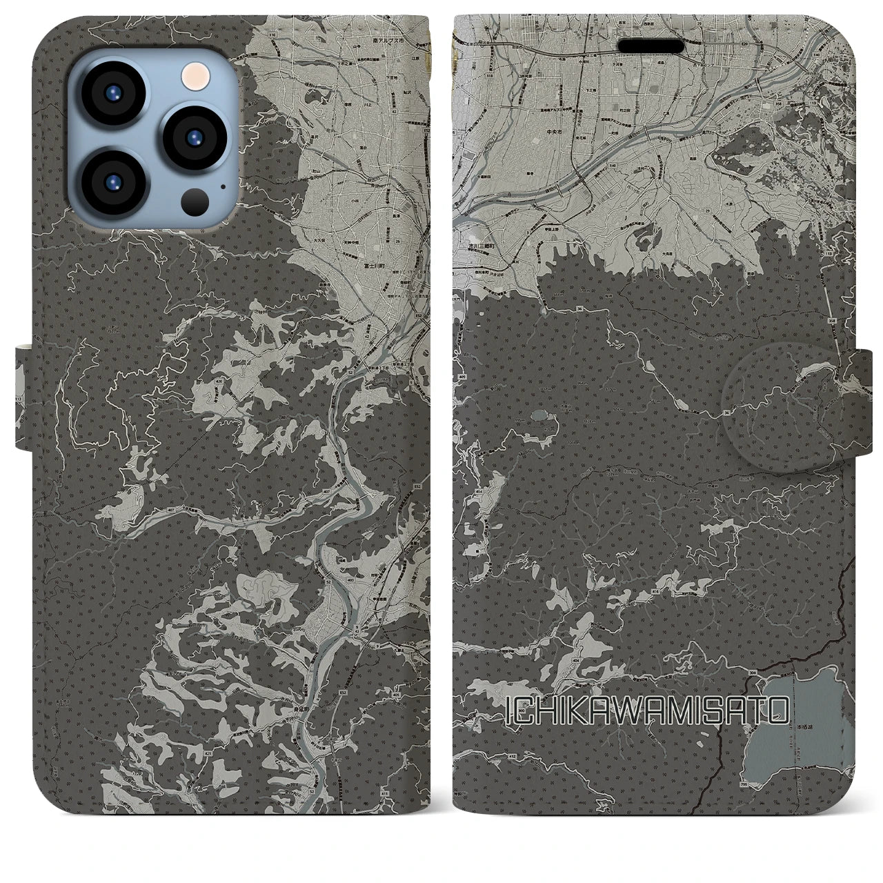 【市川三郷(山梨県)】地図柄iPhoneケース(手帳タイプ)モノトーン・iPhone 13 Pro Max 用