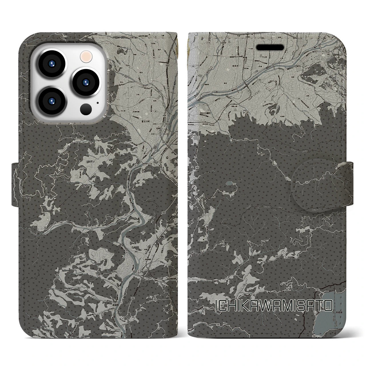 【市川三郷(山梨県)】地図柄iPhoneケース(手帳タイプ)モノトーン・iPhone 13 Pro 用