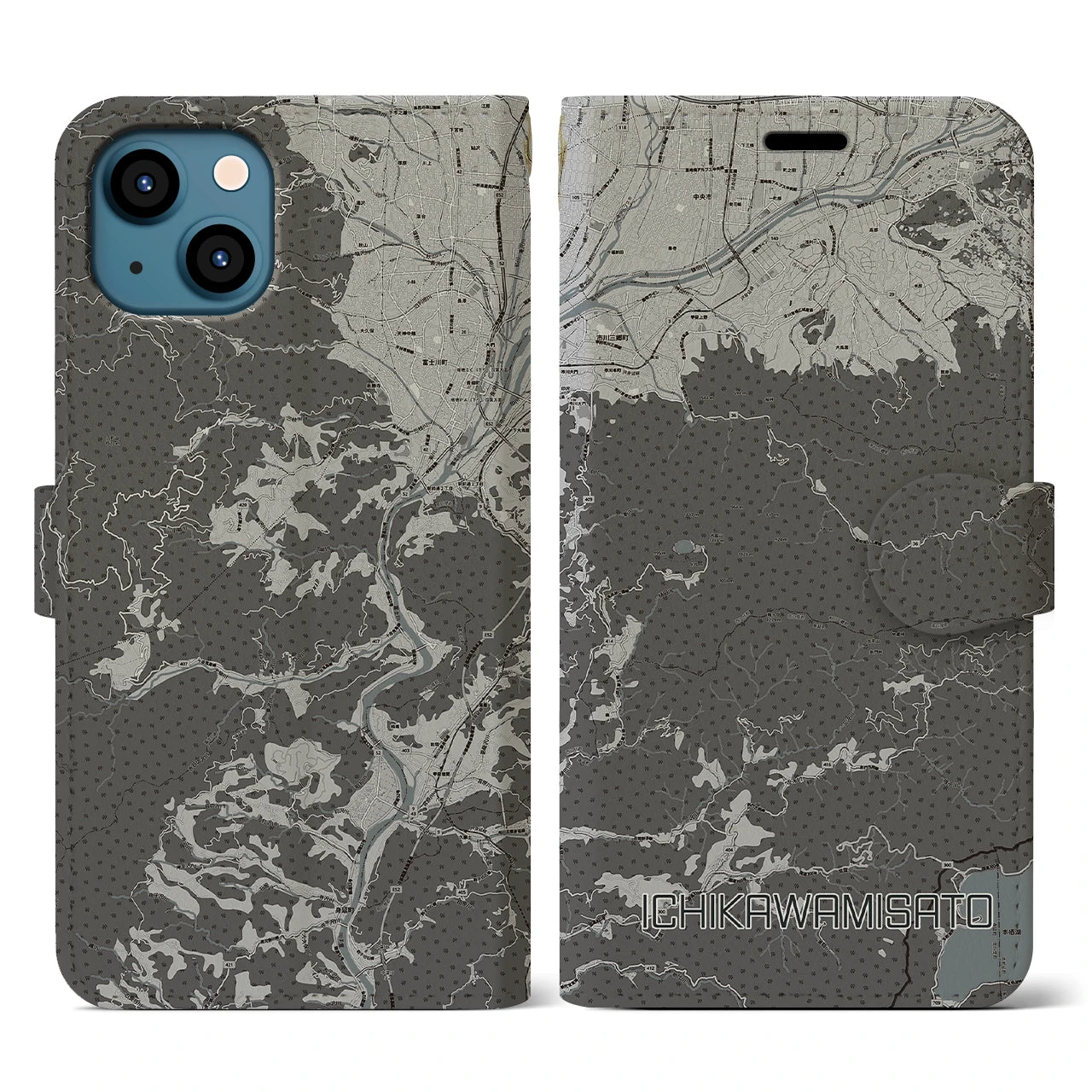 【市川三郷(山梨県)】地図柄iPhoneケース(手帳タイプ)モノトーン・iPhone 13 用