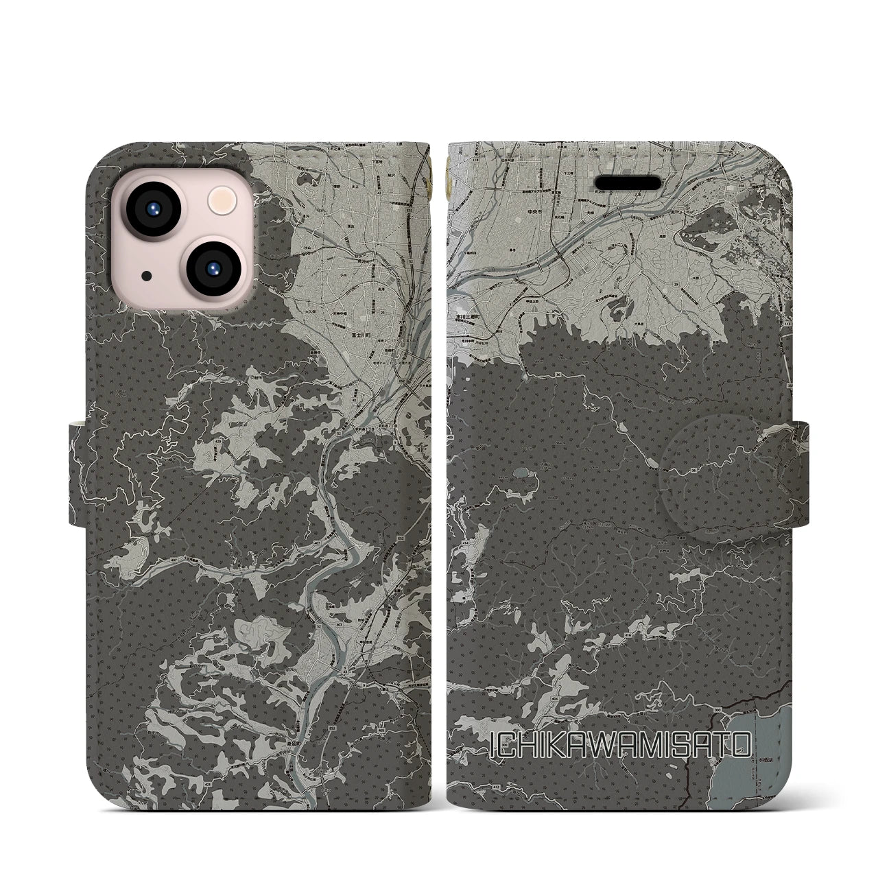 【市川三郷(山梨県)】地図柄iPhoneケース(手帳タイプ)モノトーン・iPhone 13 mini 用