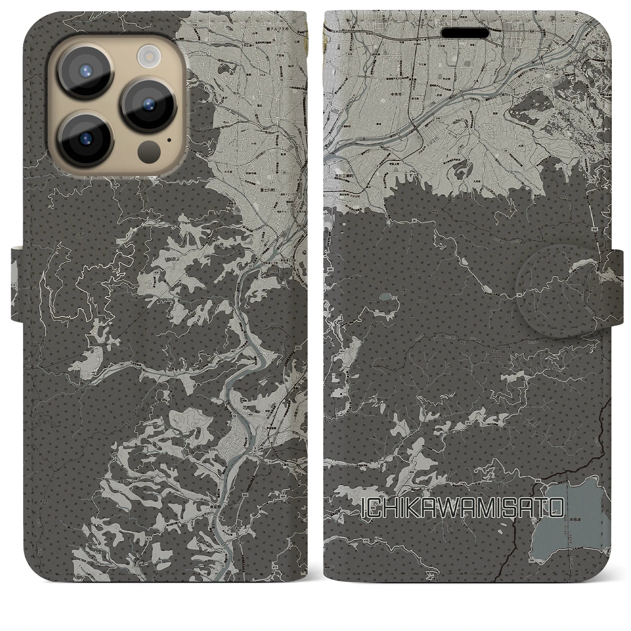 【市川三郷(山梨県)】地図柄iPhoneケース(手帳タイプ)モノトーン・iPhone 14 Pro Max 用