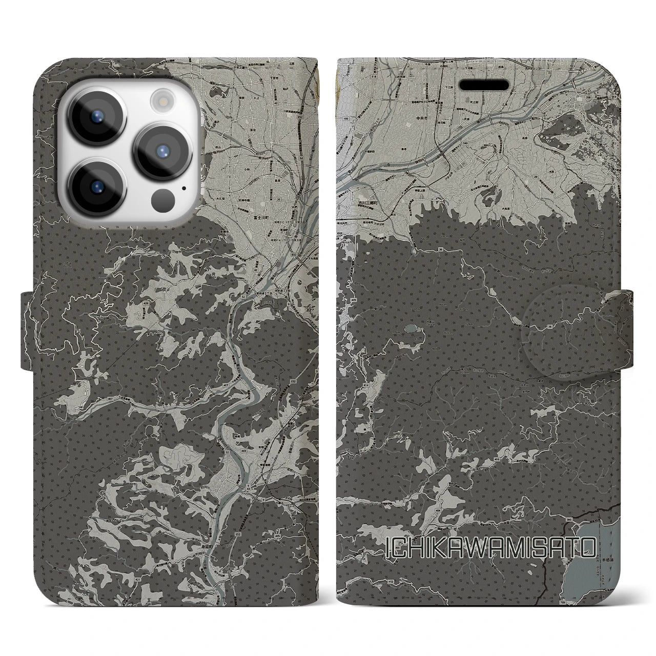【市川三郷(山梨県)】地図柄iPhoneケース(手帳タイプ)モノトーン・iPhone 14 Pro 用