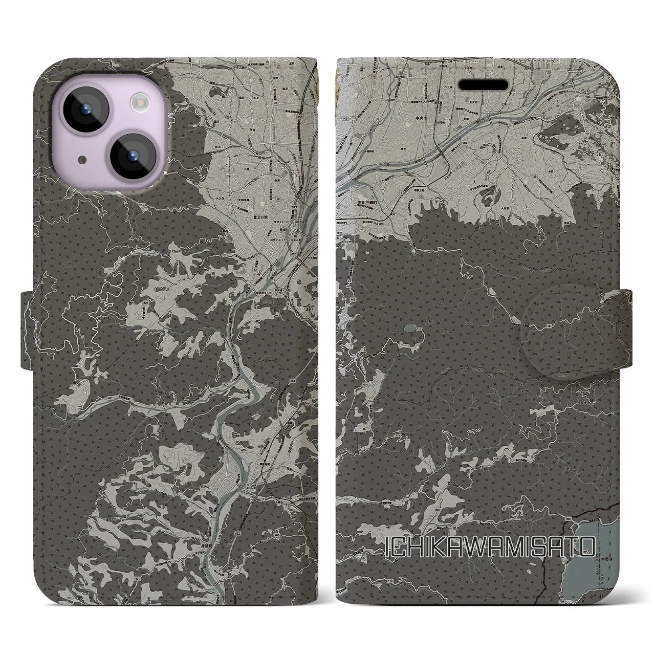 【市川三郷(山梨県)】地図柄iPhoneケース(手帳タイプ)モノトーン・iPhone 14 用