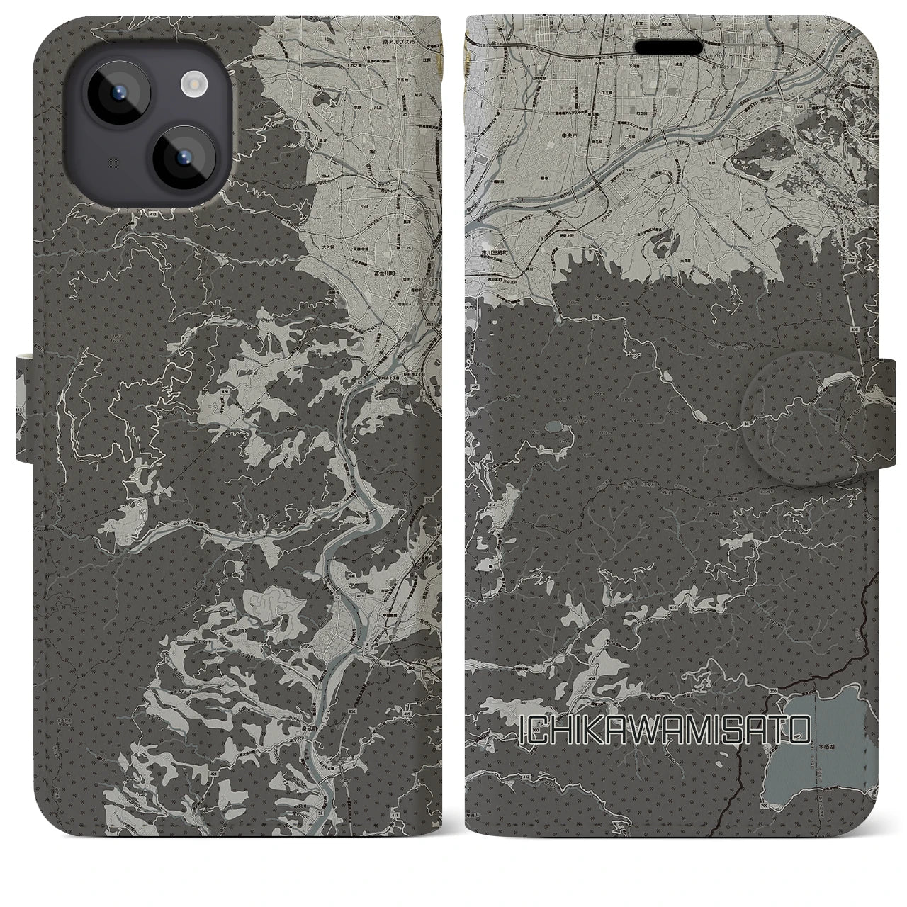 【市川三郷(山梨県)】地図柄iPhoneケース(手帳タイプ)モノトーン・iPhone 14 Plus 用
