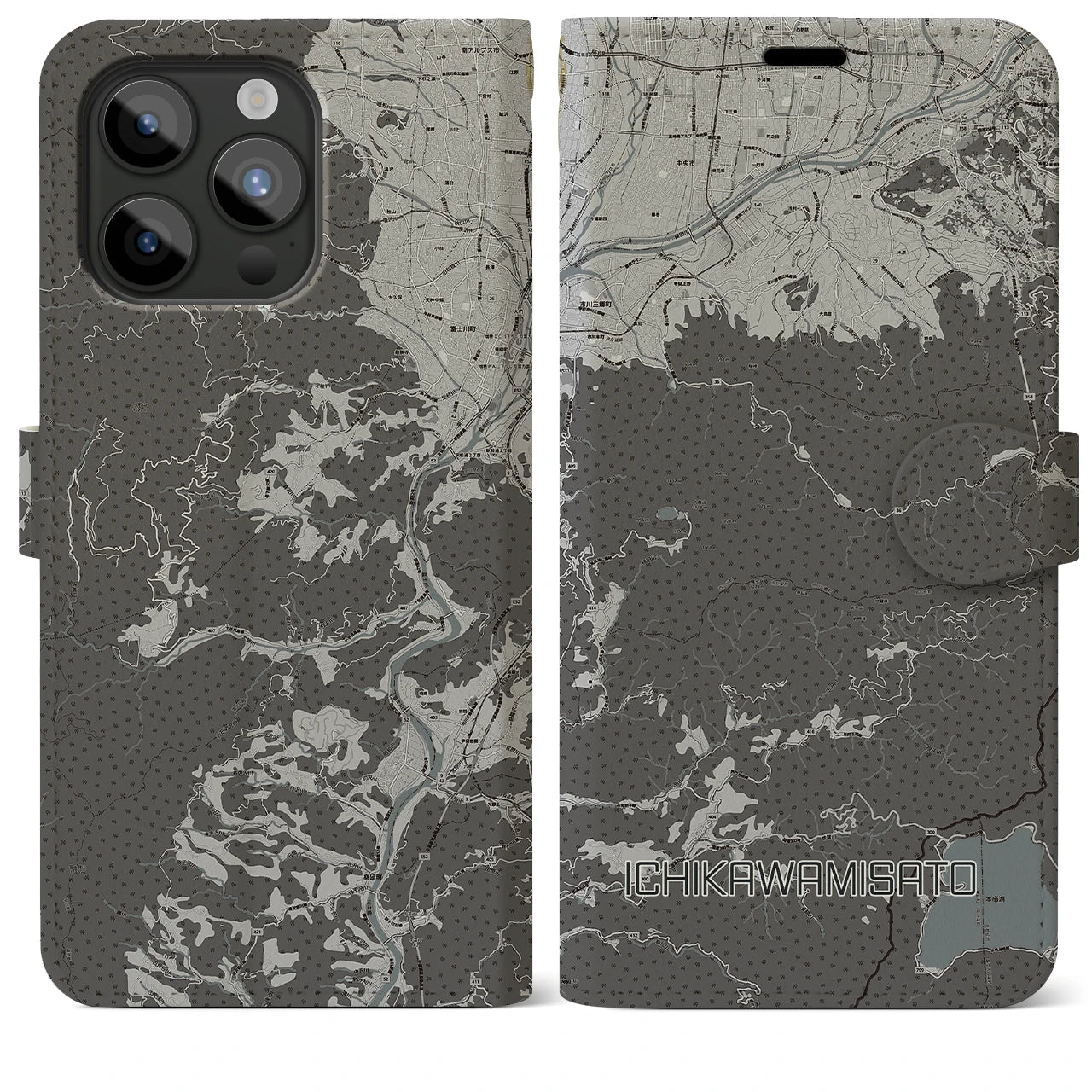 【市川三郷(山梨県)】地図柄iPhoneケース(手帳タイプ)モノトーン・iPhone 15 Pro Max 用