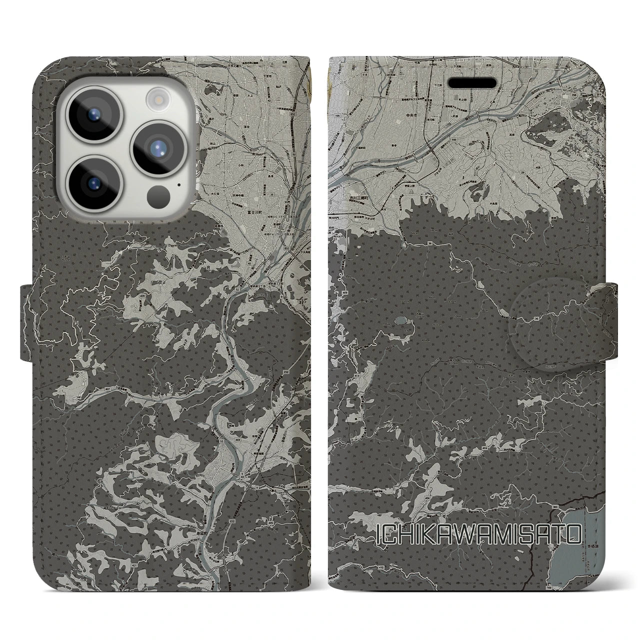 【市川三郷(山梨県)】地図柄iPhoneケース(手帳タイプ)モノトーン・iPhone 15 Pro 用