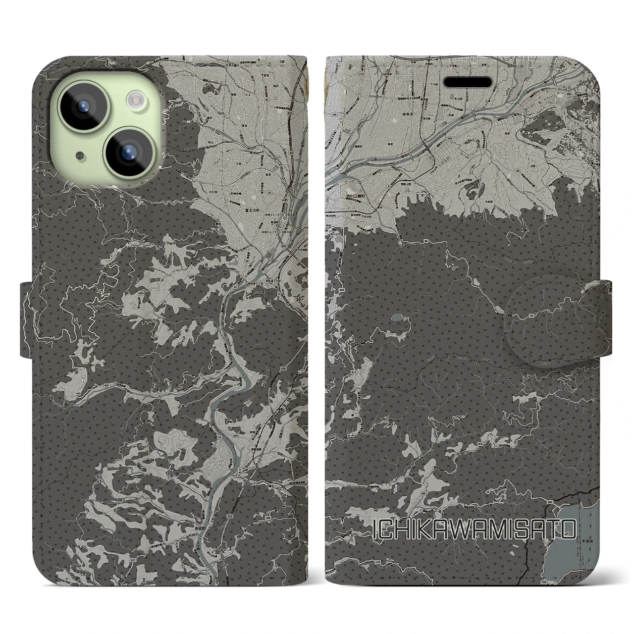 【市川三郷(山梨県)】地図柄iPhoneケース(手帳タイプ)モノトーン・iPhone 15 用