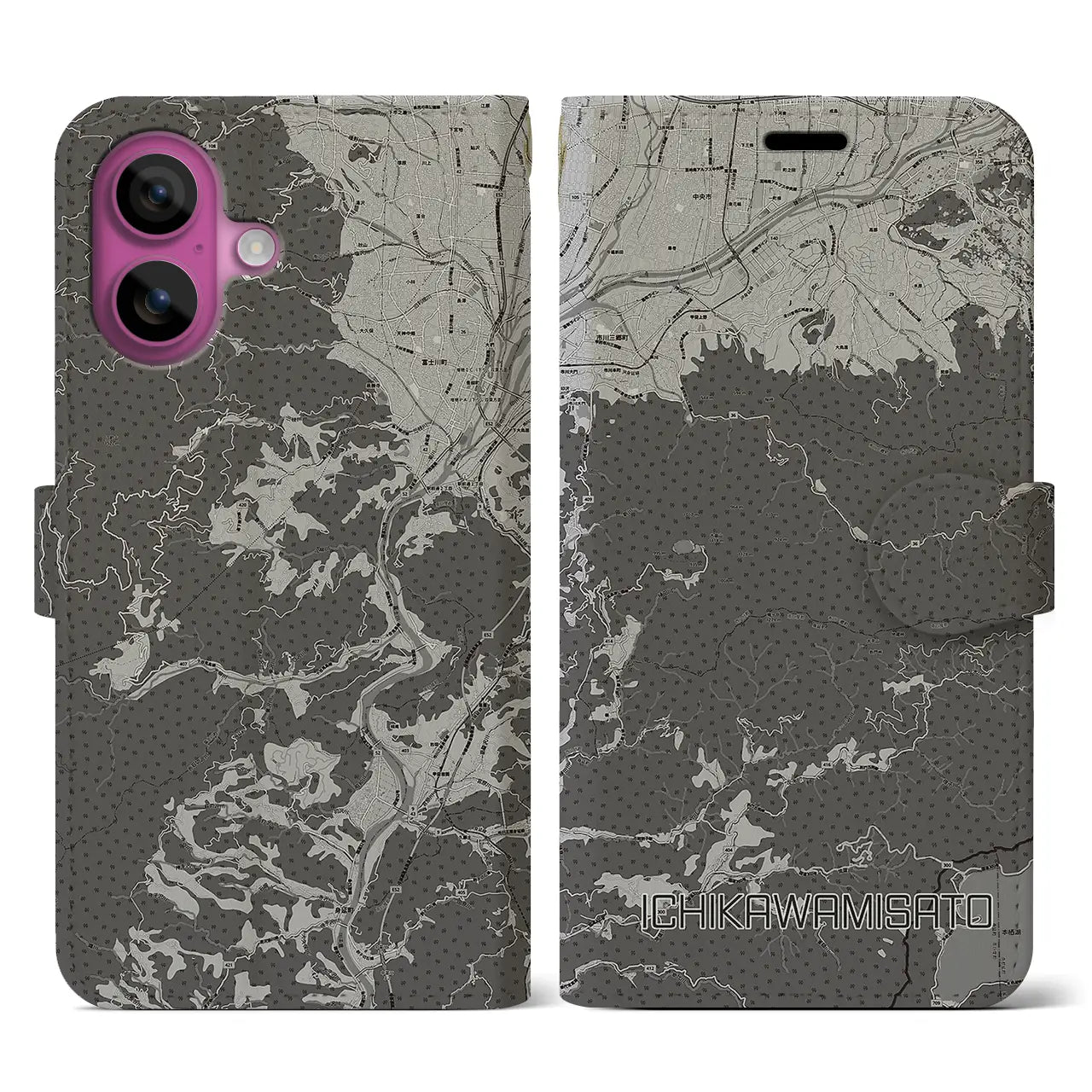 【市川三郷(山梨県)】地図柄iPhoneケース(手帳タイプ)モノトーン・iPhone 16 Pro 用