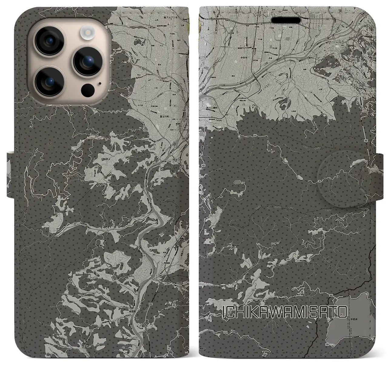 【市川三郷(山梨県)】地図柄iPhoneケース(手帳タイプ)モノトーン・iPhone 16 Plus 用