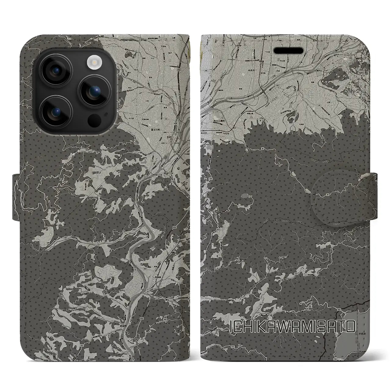 【市川三郷(山梨県)】地図柄iPhoneケース(手帳タイプ)モノトーン・iPhone 16 用