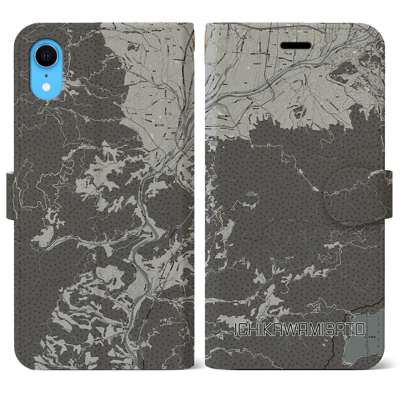【市川三郷(山梨県)】地図柄iPhoneケース(手帳タイプ)モノトーン・iPhone XR 用