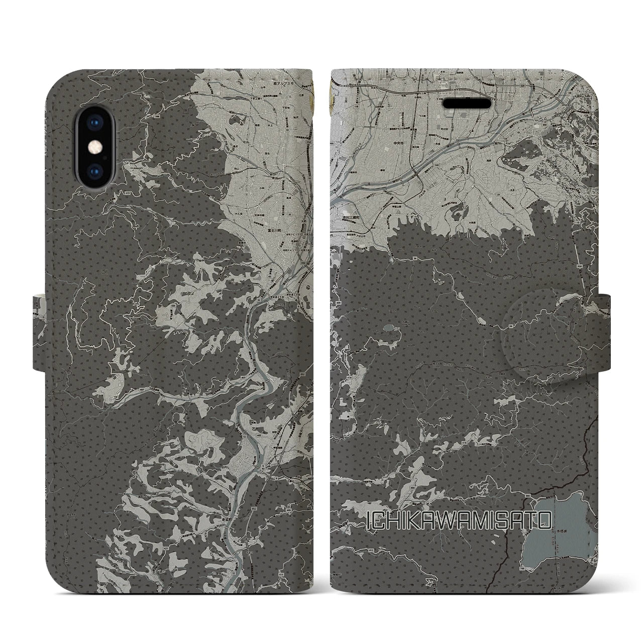 【市川三郷(山梨県)】地図柄iPhoneケース(手帳タイプ)モノトーン・iPhone XS / X 用