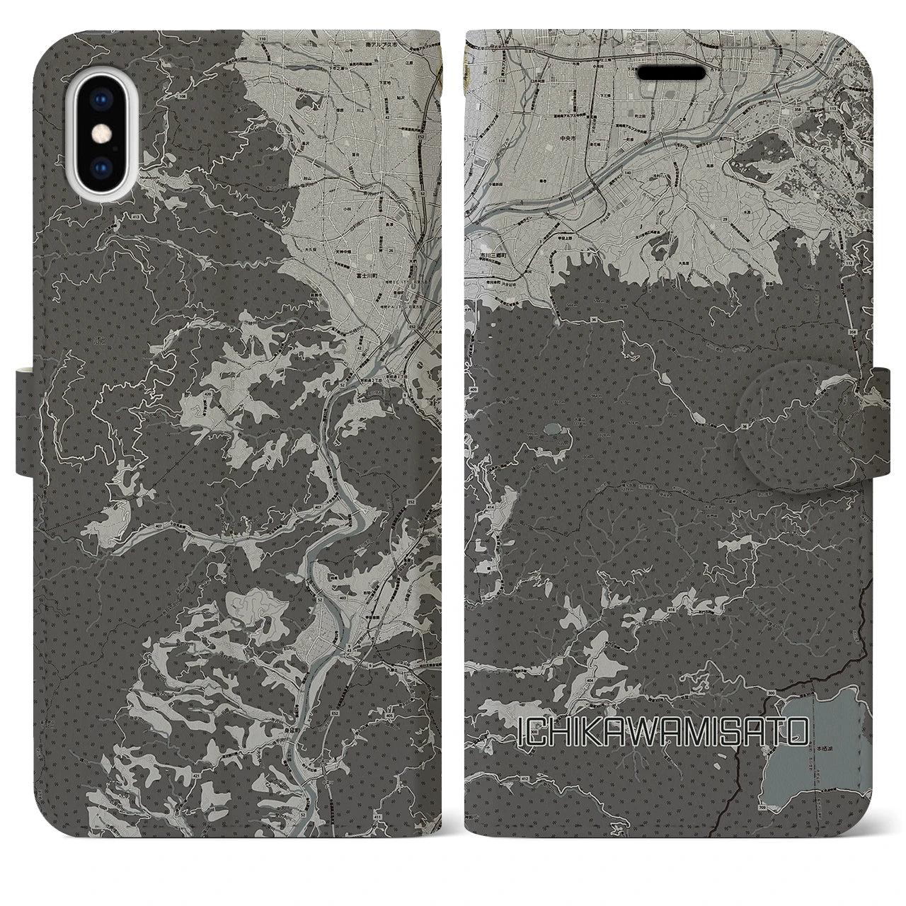 【市川三郷(山梨県)】地図柄iPhoneケース(手帳タイプ)モノトーン・iPhone XS Max 用