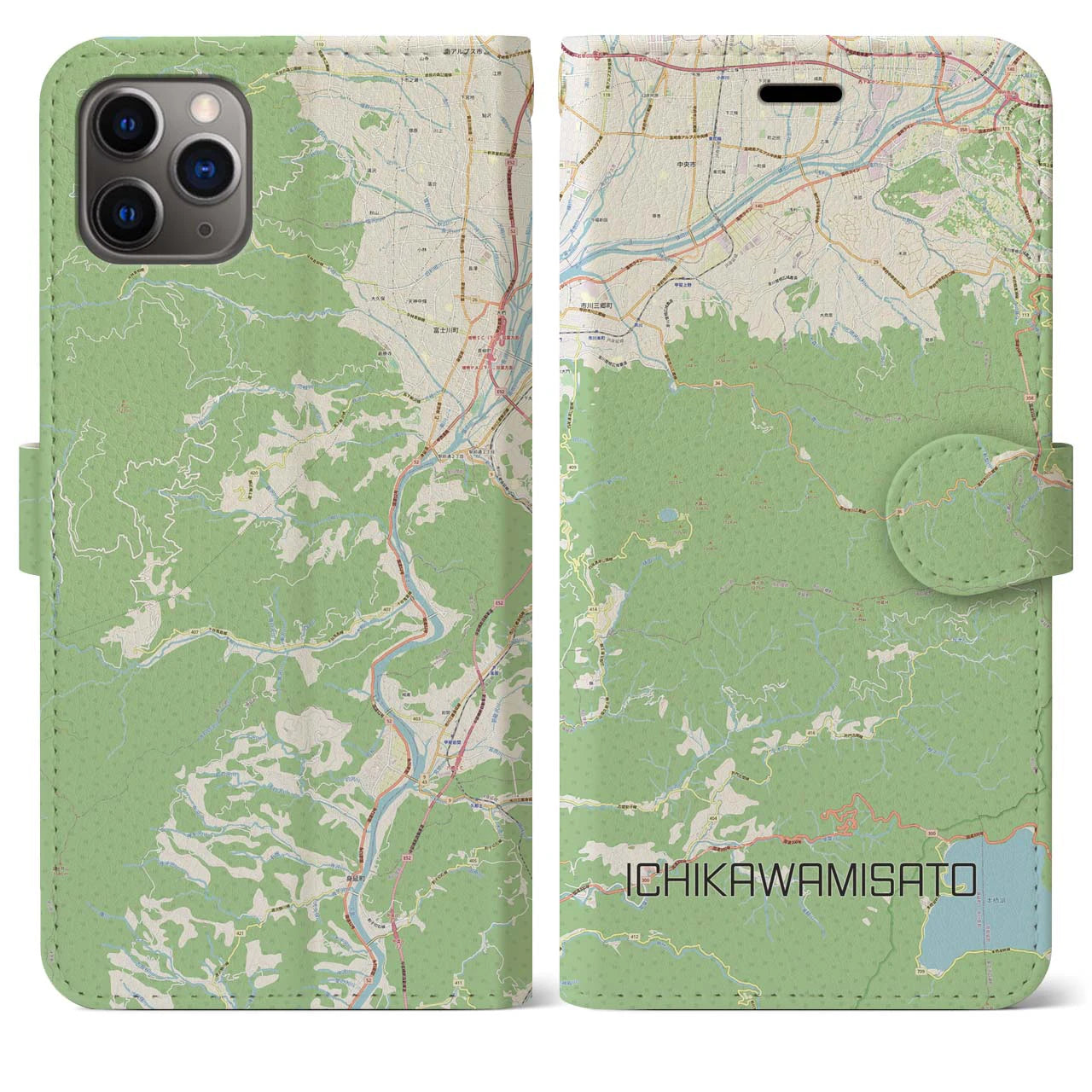 【市川三郷(山梨県)】地図柄iPhoneケース(手帳タイプ)ナチュラル・iPhone 11 Pro Max 用