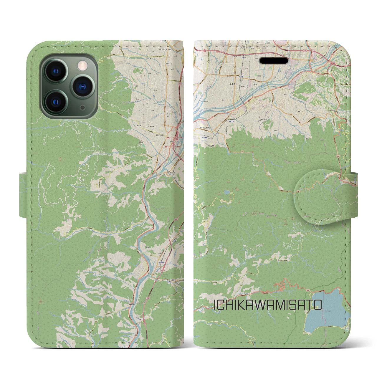 【市川三郷(山梨県)】地図柄iPhoneケース(手帳タイプ)ナチュラル・iPhone 11 Pro 用