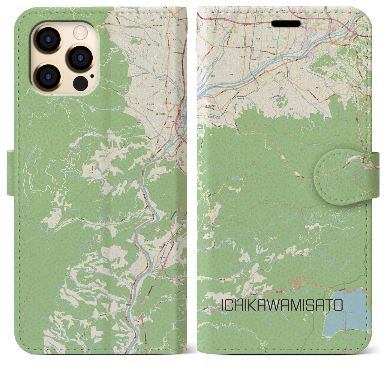 【市川三郷(山梨県)】地図柄iPhoneケース(手帳タイプ)ナチュラル・iPhone 12 Pro Max 用