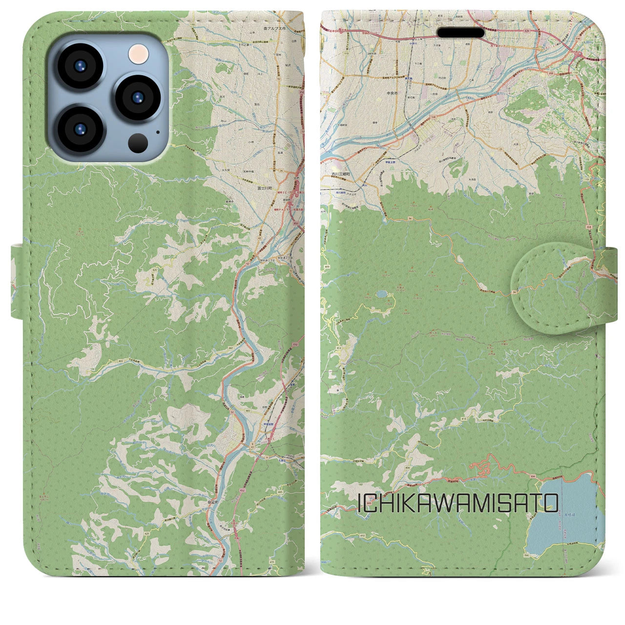 【市川三郷(山梨県)】地図柄iPhoneケース(手帳タイプ)ナチュラル・iPhone 13 Pro Max 用