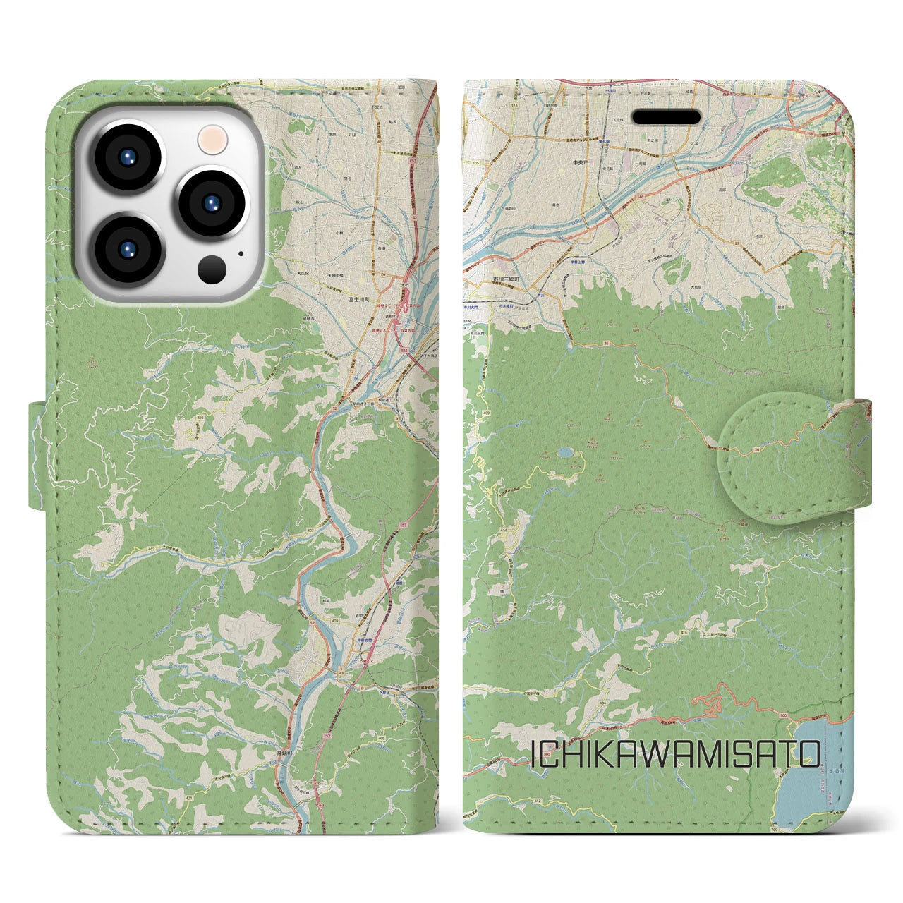 【市川三郷(山梨県)】地図柄iPhoneケース(手帳タイプ)ナチュラル・iPhone 13 Pro 用