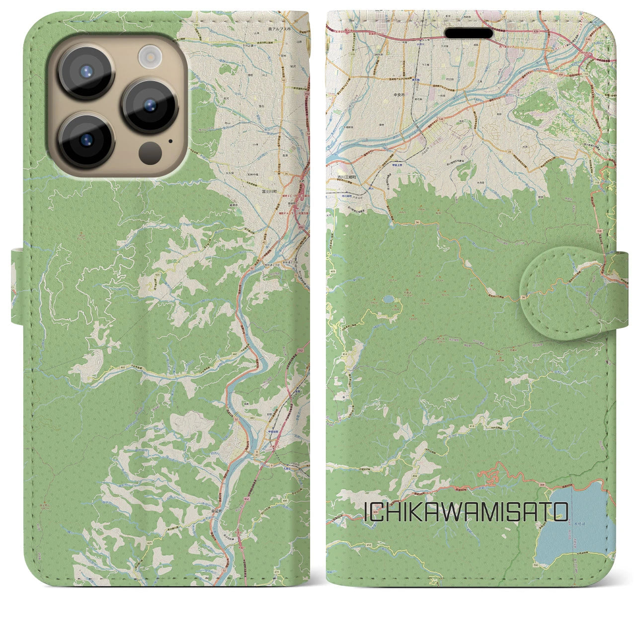 【市川三郷(山梨県)】地図柄iPhoneケース(手帳タイプ)ナチュラル・iPhone 14 Pro Max 用
