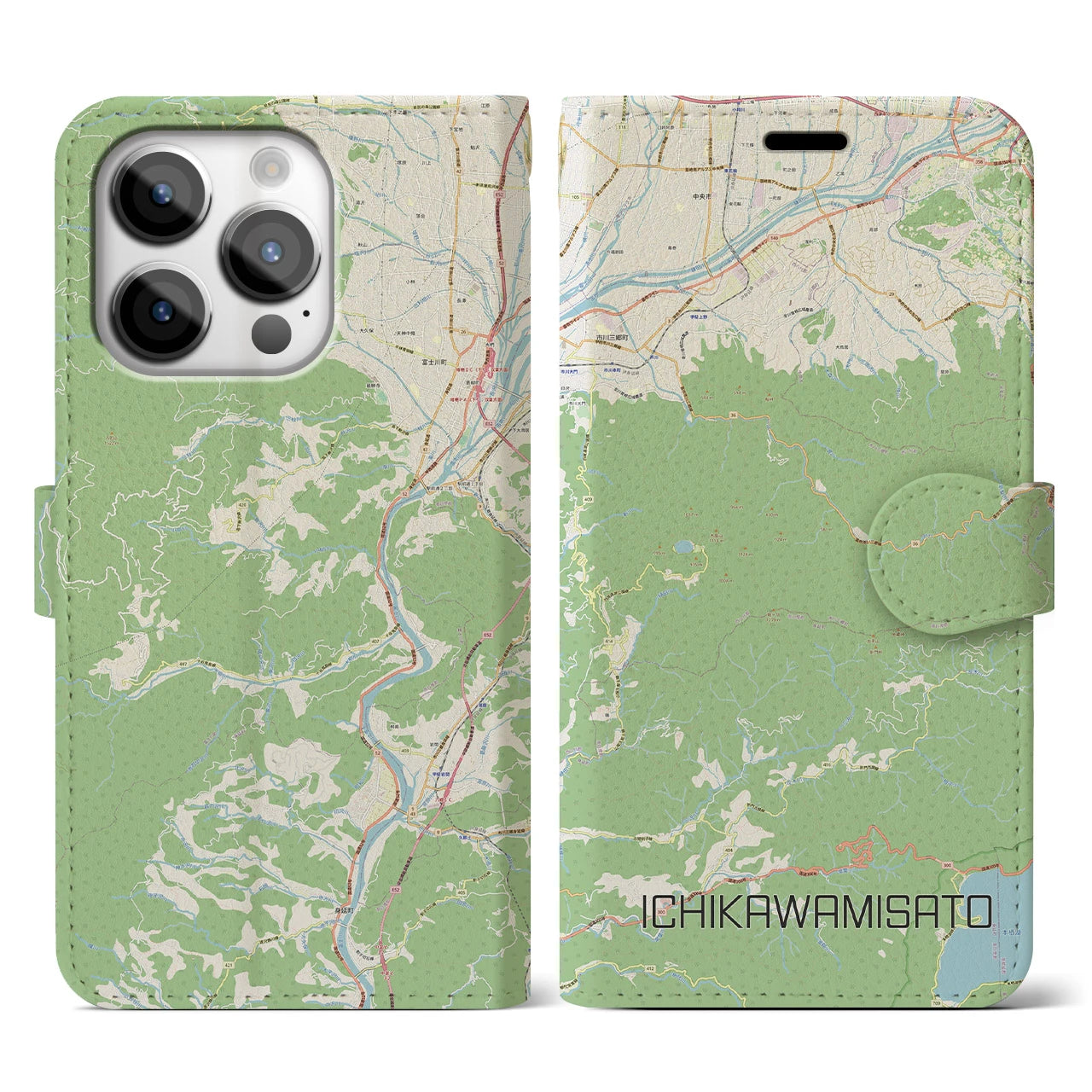 【市川三郷(山梨県)】地図柄iPhoneケース(手帳タイプ)ナチュラル・iPhone 14 Pro 用