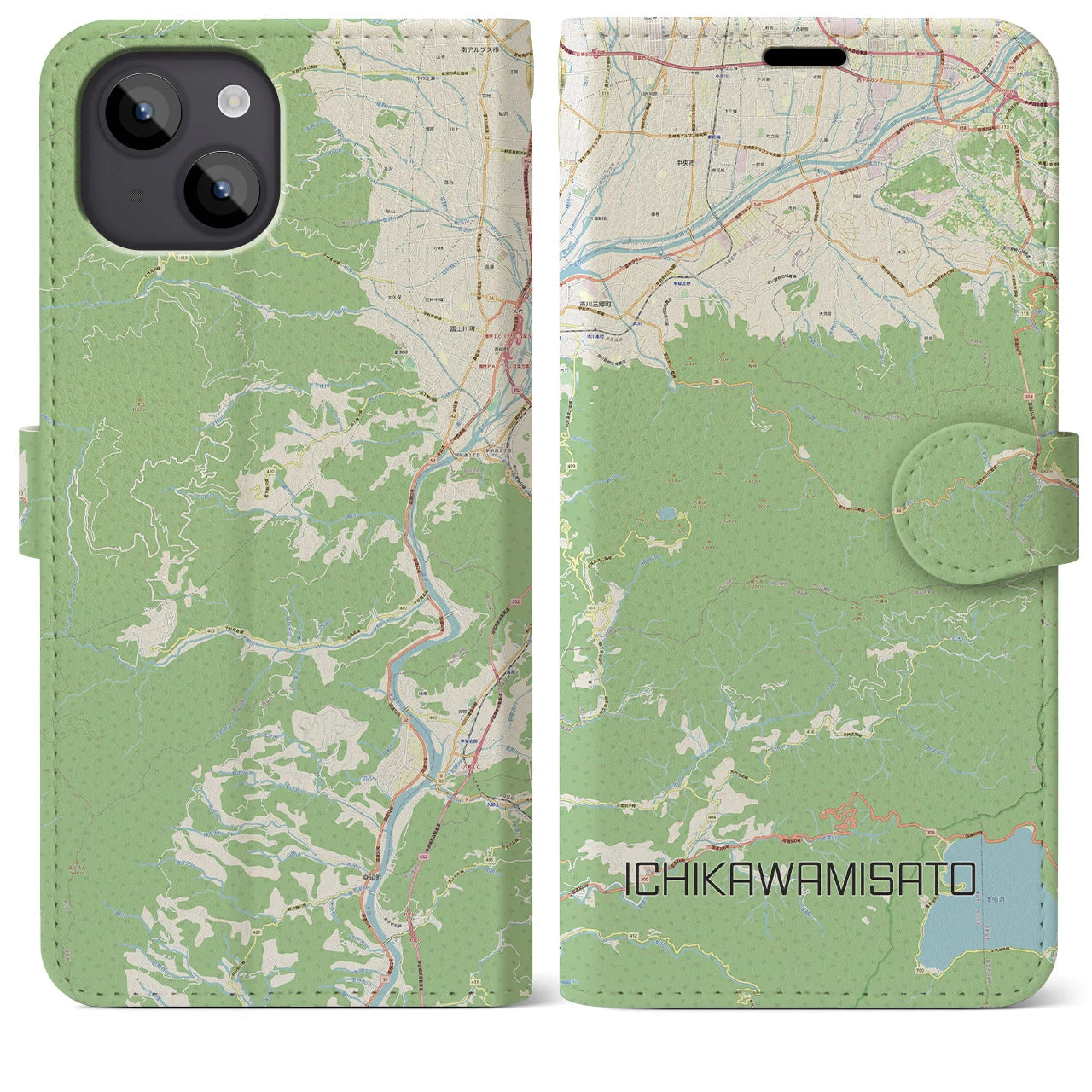 【市川三郷(山梨県)】地図柄iPhoneケース(手帳タイプ)ナチュラル・iPhone 14 Plus 用