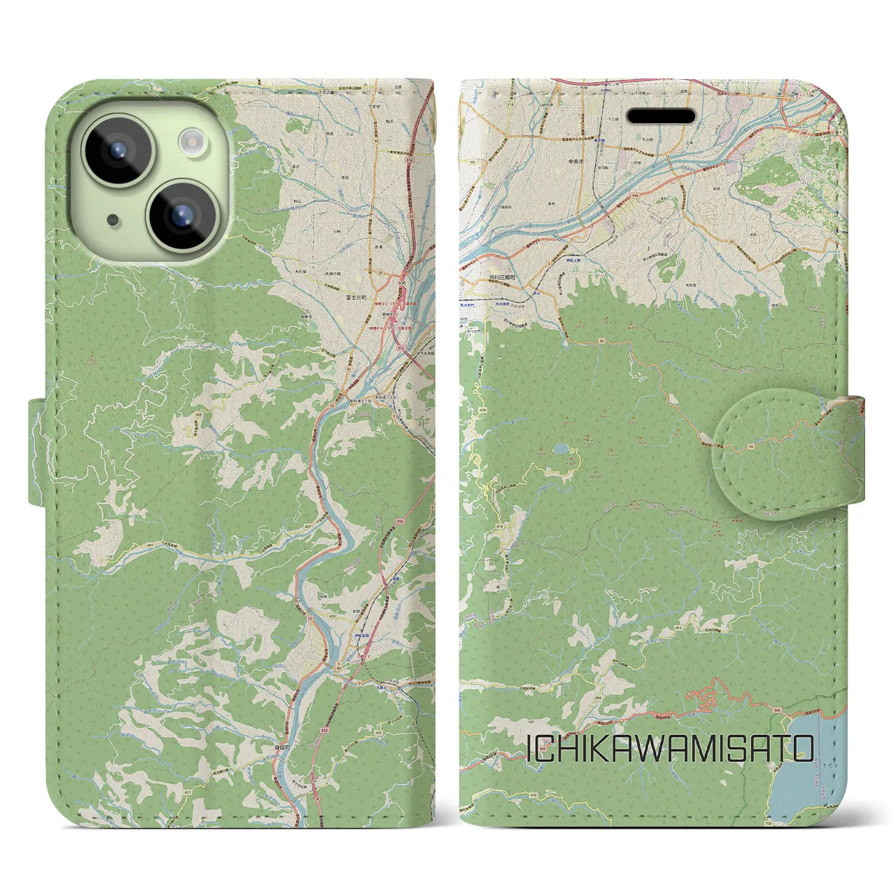 【市川三郷(山梨県)】地図柄iPhoneケース(手帳タイプ)ナチュラル・iPhone 15 用
