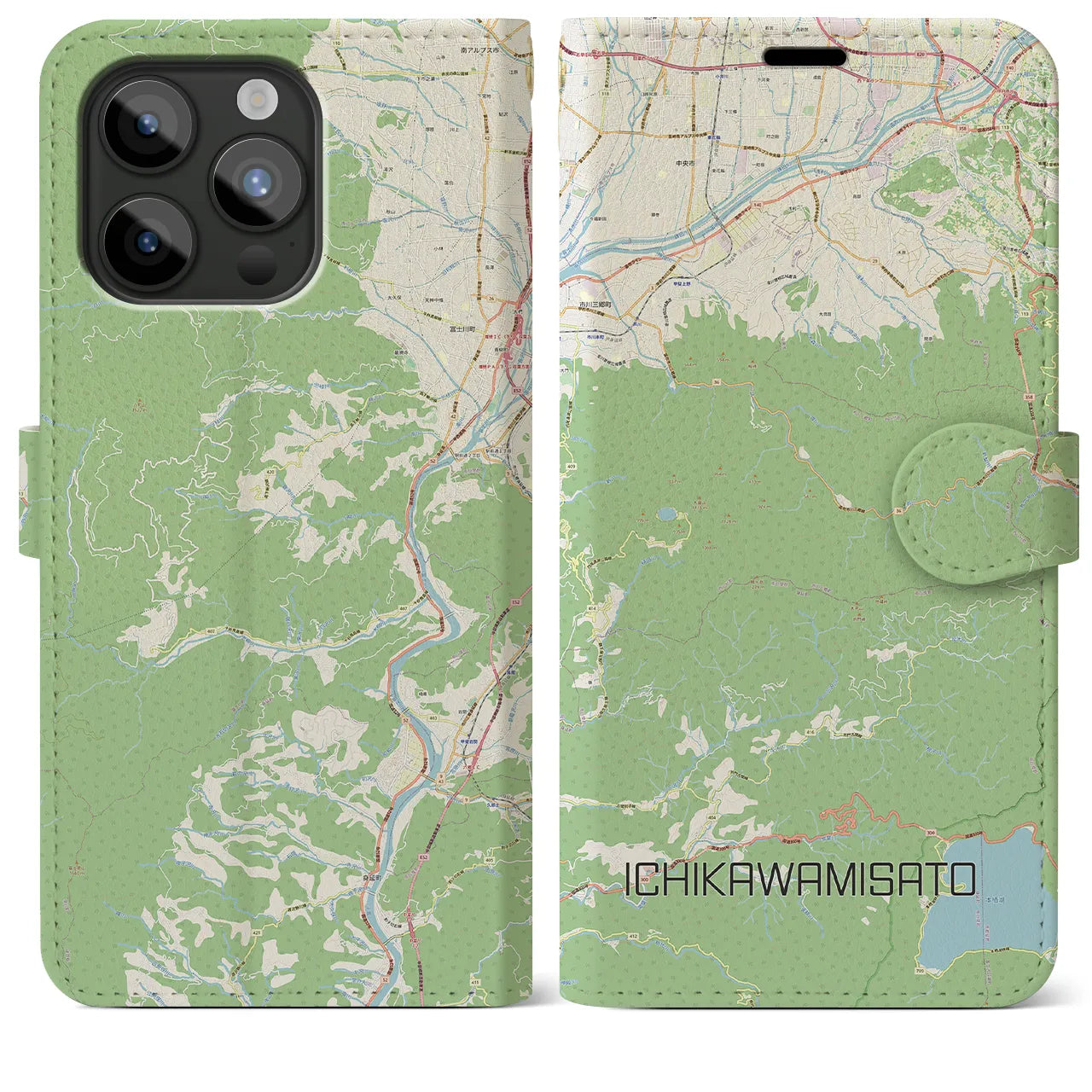 【市川三郷(山梨県)】地図柄iPhoneケース(手帳タイプ)ナチュラル・iPhone 15 Pro Max 用