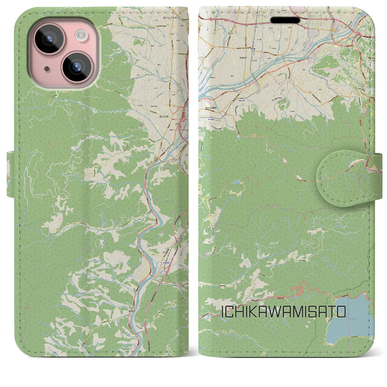 【市川三郷(山梨県)】地図柄iPhoneケース(手帳タイプ)ナチュラル・iPhone 15 Plus 用