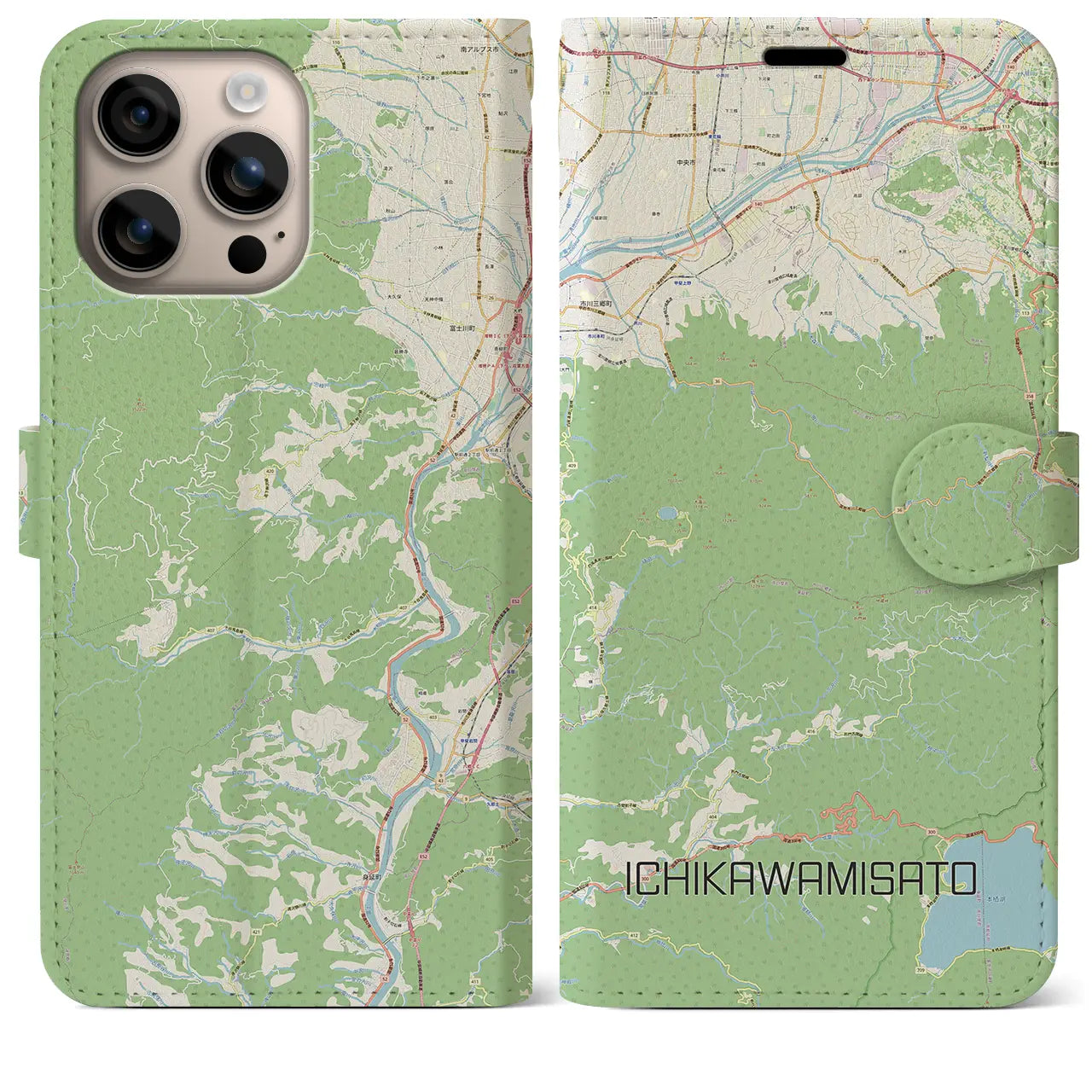 【市川三郷(山梨県)】地図柄iPhoneケース(手帳タイプ)ナチュラル・iPhone 16 Plus 用