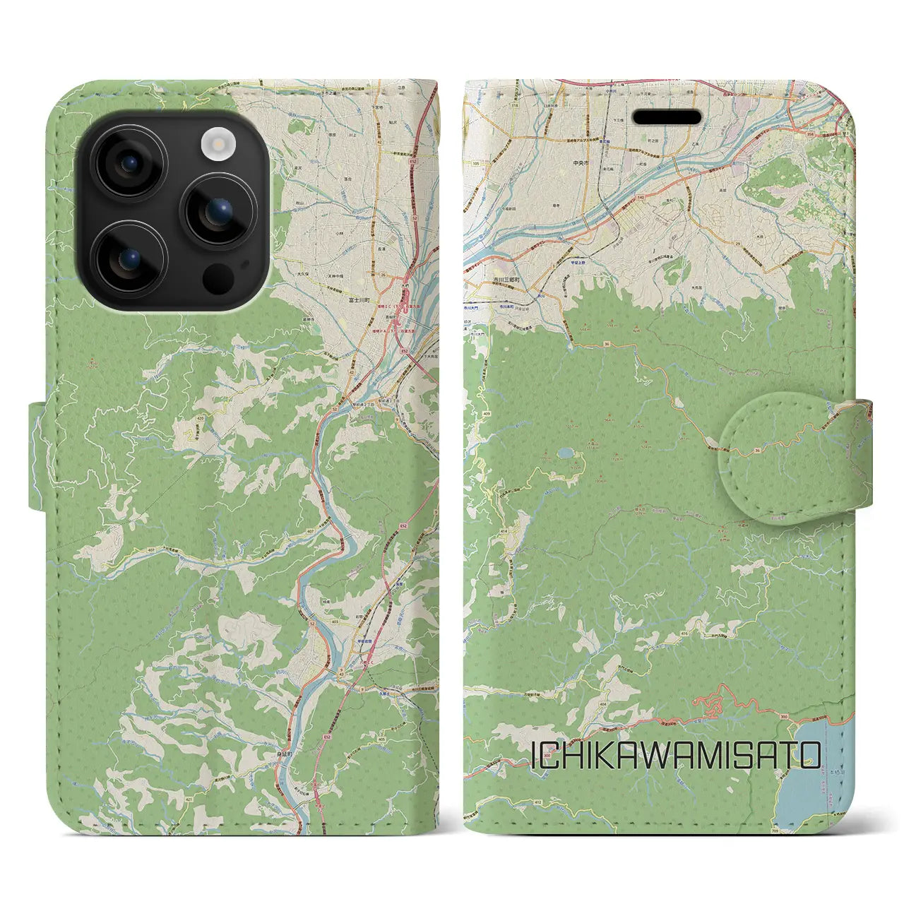 【市川三郷(山梨県)】地図柄iPhoneケース(手帳タイプ)ナチュラル・iPhone 16 用