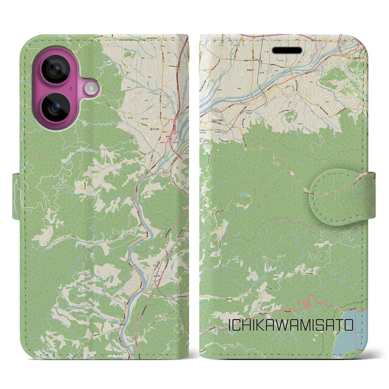 【市川三郷(山梨県)】地図柄iPhoneケース(手帳タイプ)ナチュラル・iPhone 16 Pro 用