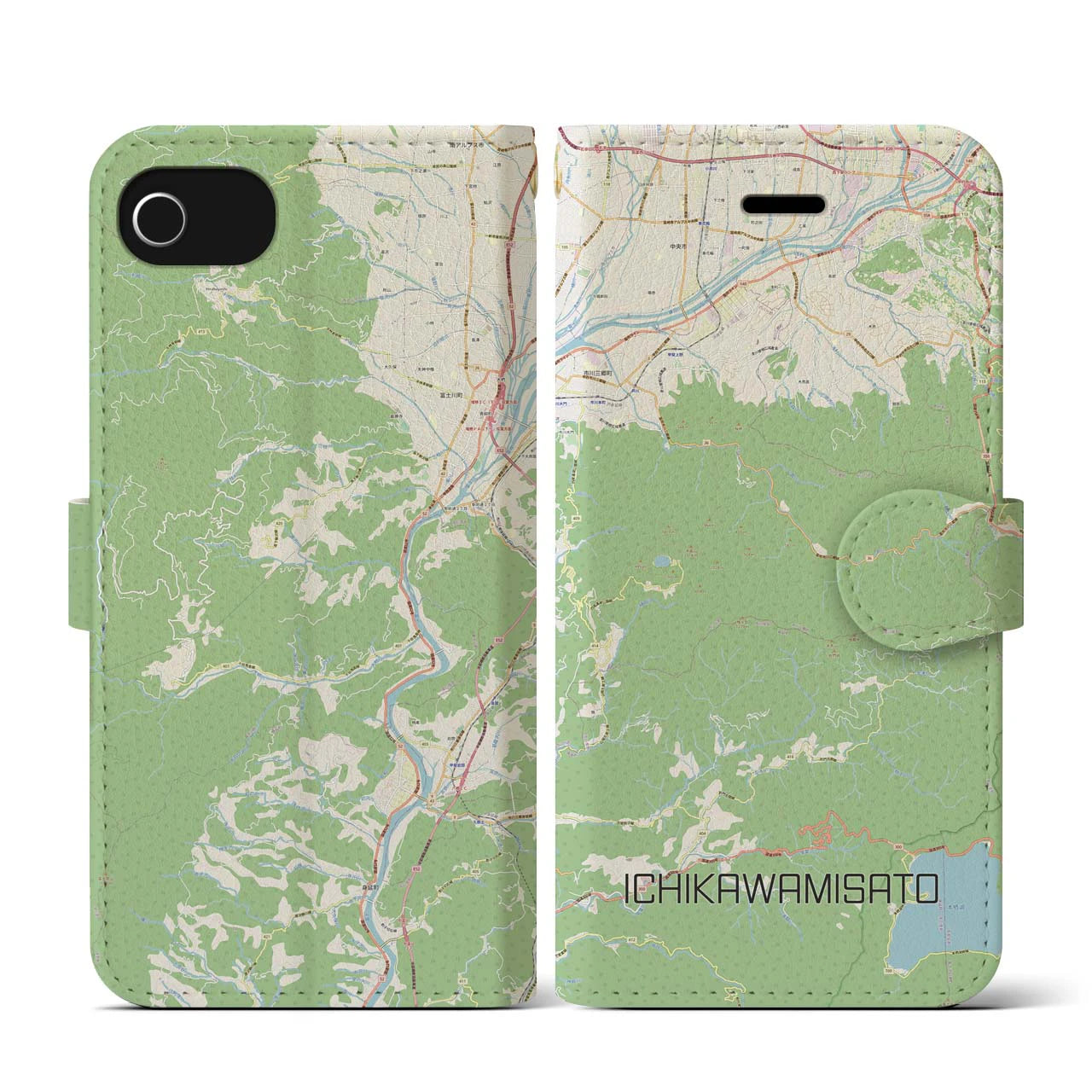 【市川三郷(山梨県)】地図柄iPhoneケース(手帳タイプ)ナチュラル・iPhone SE(第3 / 第2世代) / 8 / 7 / 6s / 6 用