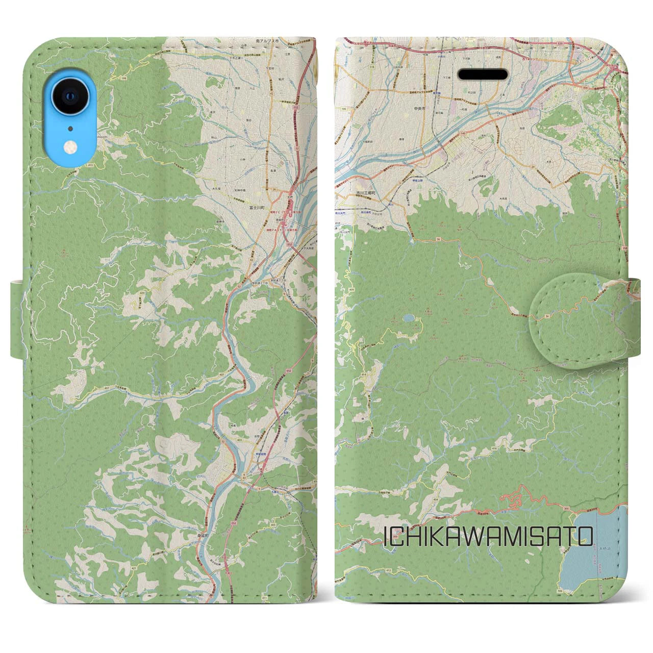 【市川三郷(山梨県)】地図柄iPhoneケース(手帳タイプ)ナチュラル・iPhone XR 用