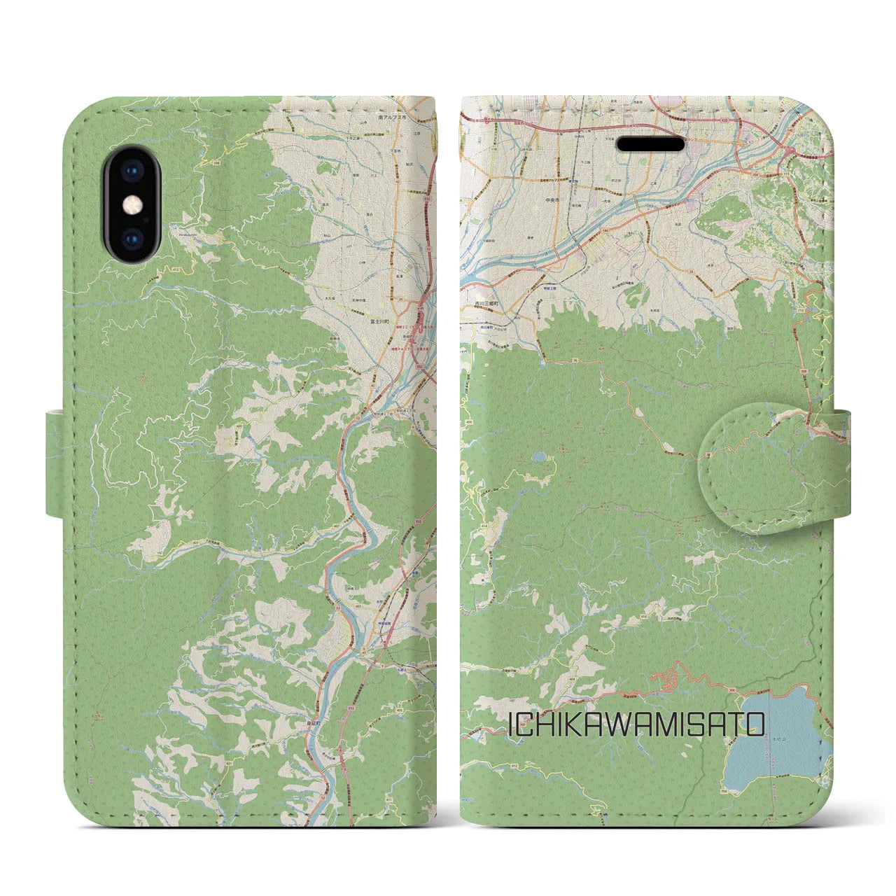 【市川三郷(山梨県)】地図柄iPhoneケース(手帳タイプ)ナチュラル・iPhone XS / X 用