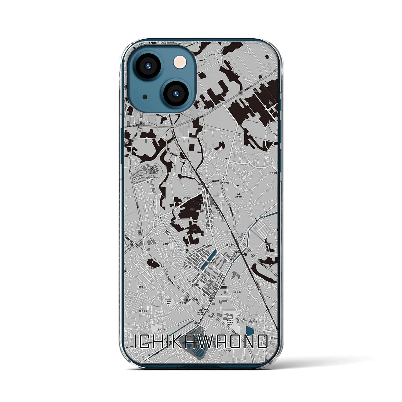 【市川大野(千葉県)】地図柄iPhoneケース(クリアタイプ)モノトーン・iPhone 13 用