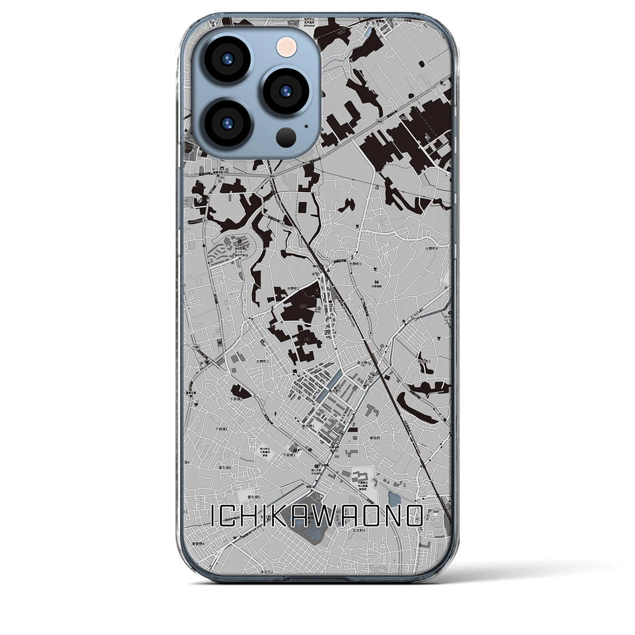 【市川大野(千葉県)】地図柄iPhoneケース(クリアタイプ)モノトーン・iPhone 13 Pro Max 用