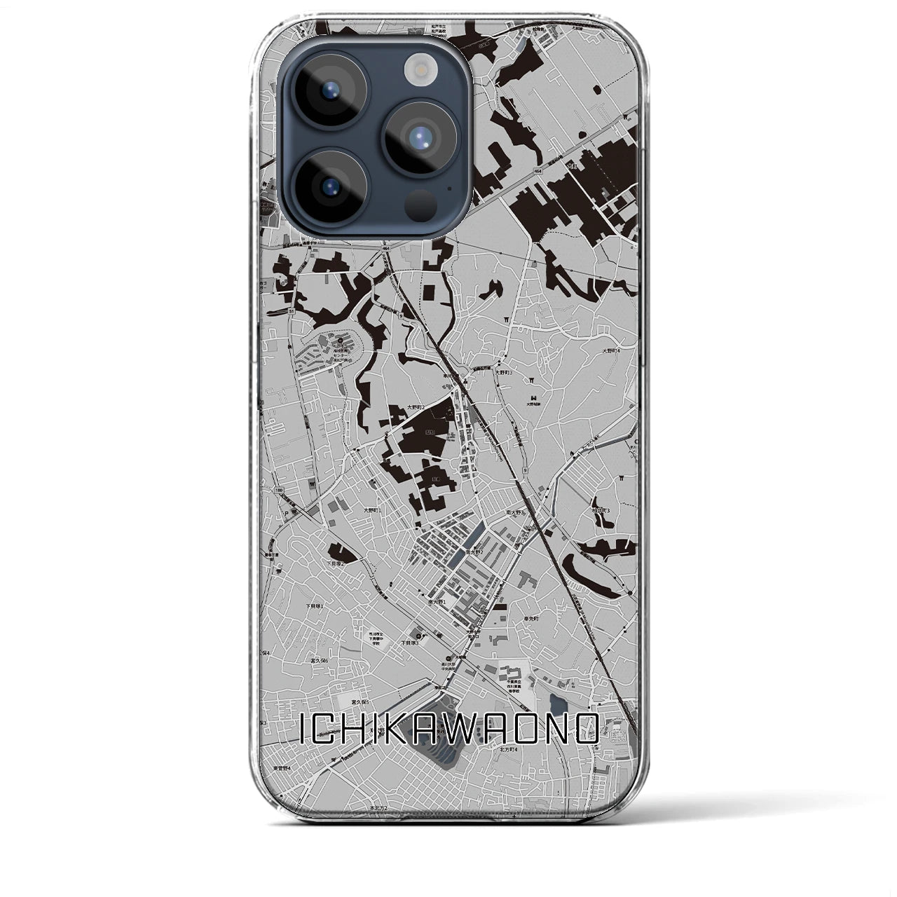 【市川大野(千葉県)】地図柄iPhoneケース(クリアタイプ)モノトーン・iPhone 15 Pro Max 用