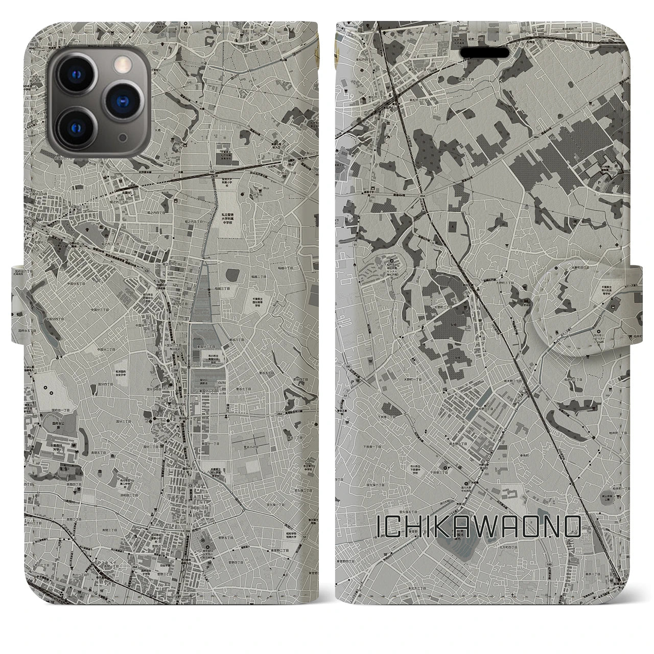 【市川大野(千葉県)】地図柄iPhoneケース(手帳タイプ)モノトーン・iPhone 11 Pro Max 用