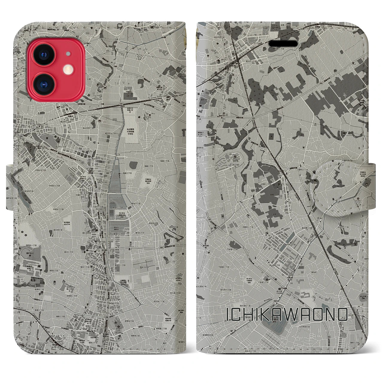 【市川大野(千葉県)】地図柄iPhoneケース(手帳タイプ)モノトーン・iPhone 11 用