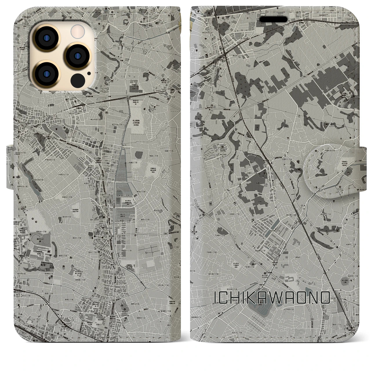 【市川大野(千葉県)】地図柄iPhoneケース(手帳タイプ)モノトーン・iPhone 12 Pro Max 用