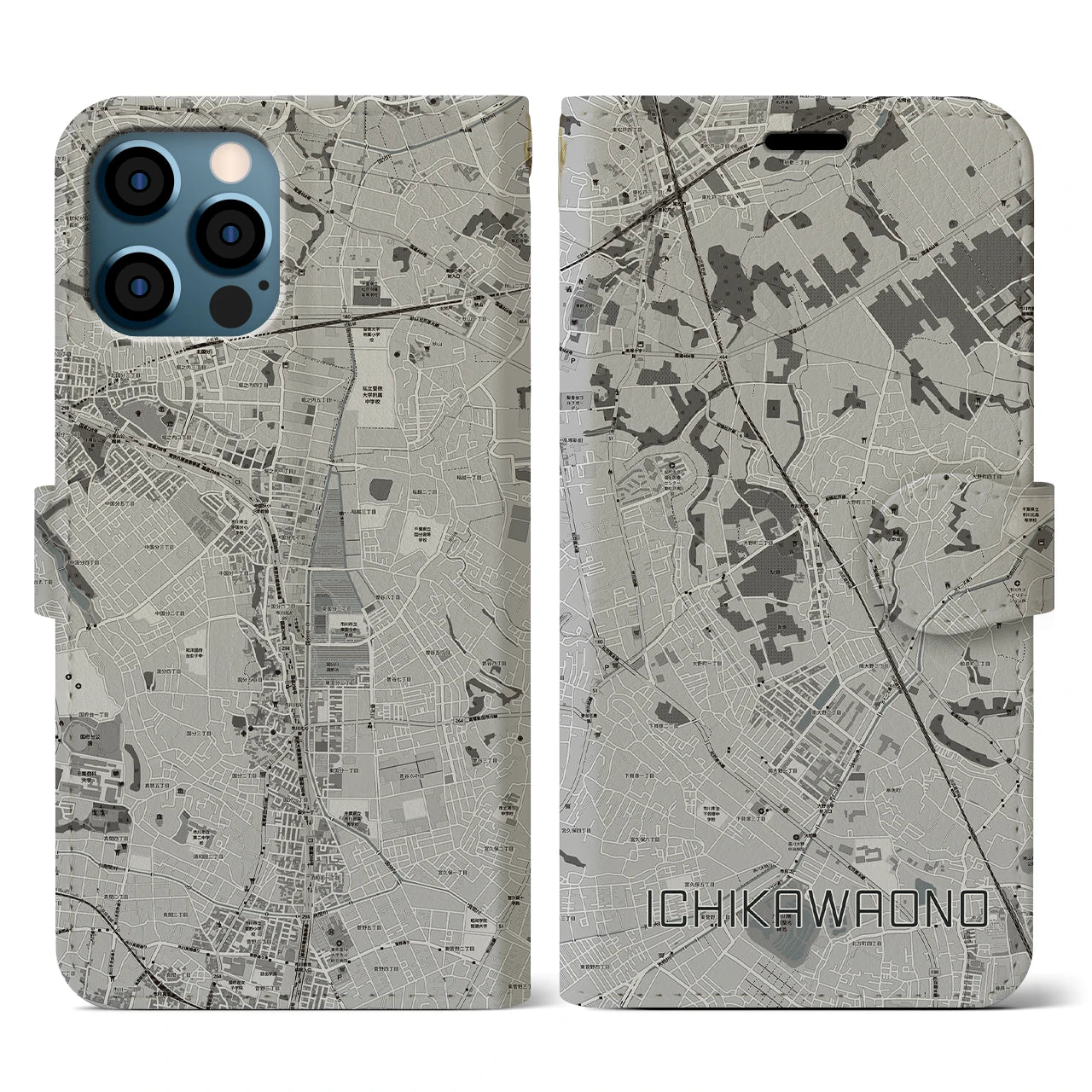 【市川大野(千葉県)】地図柄iPhoneケース(手帳タイプ)モノトーン・iPhone 12 / 12 Pro 用