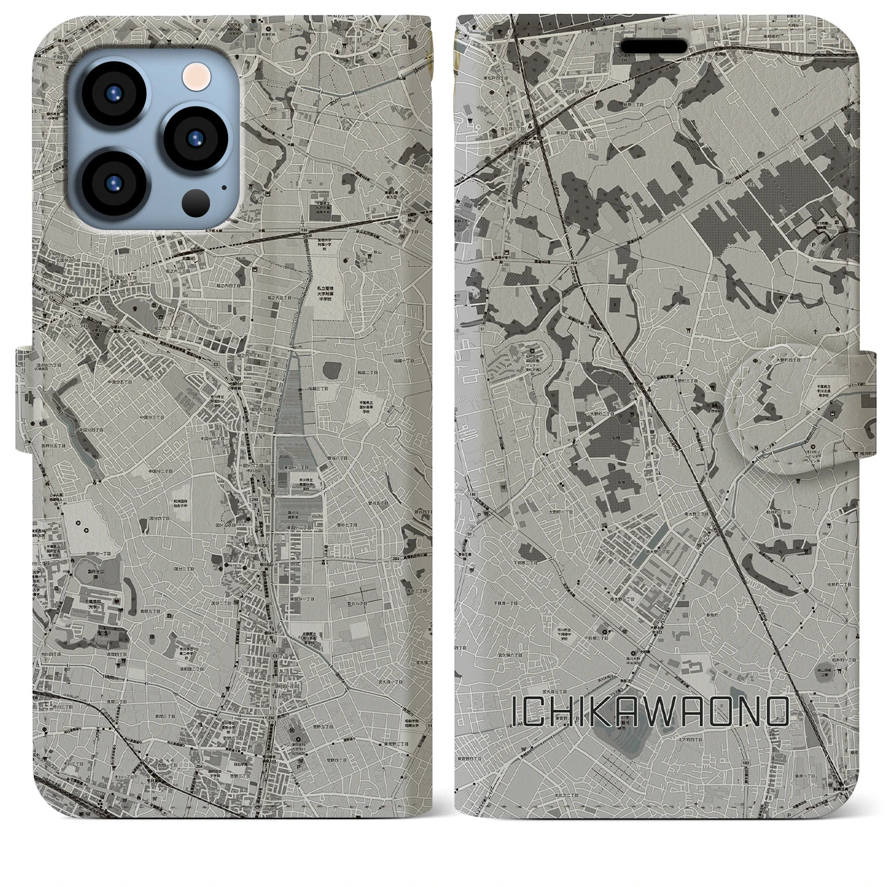 【市川大野(千葉県)】地図柄iPhoneケース(手帳タイプ)モノトーン・iPhone 13 Pro Max 用