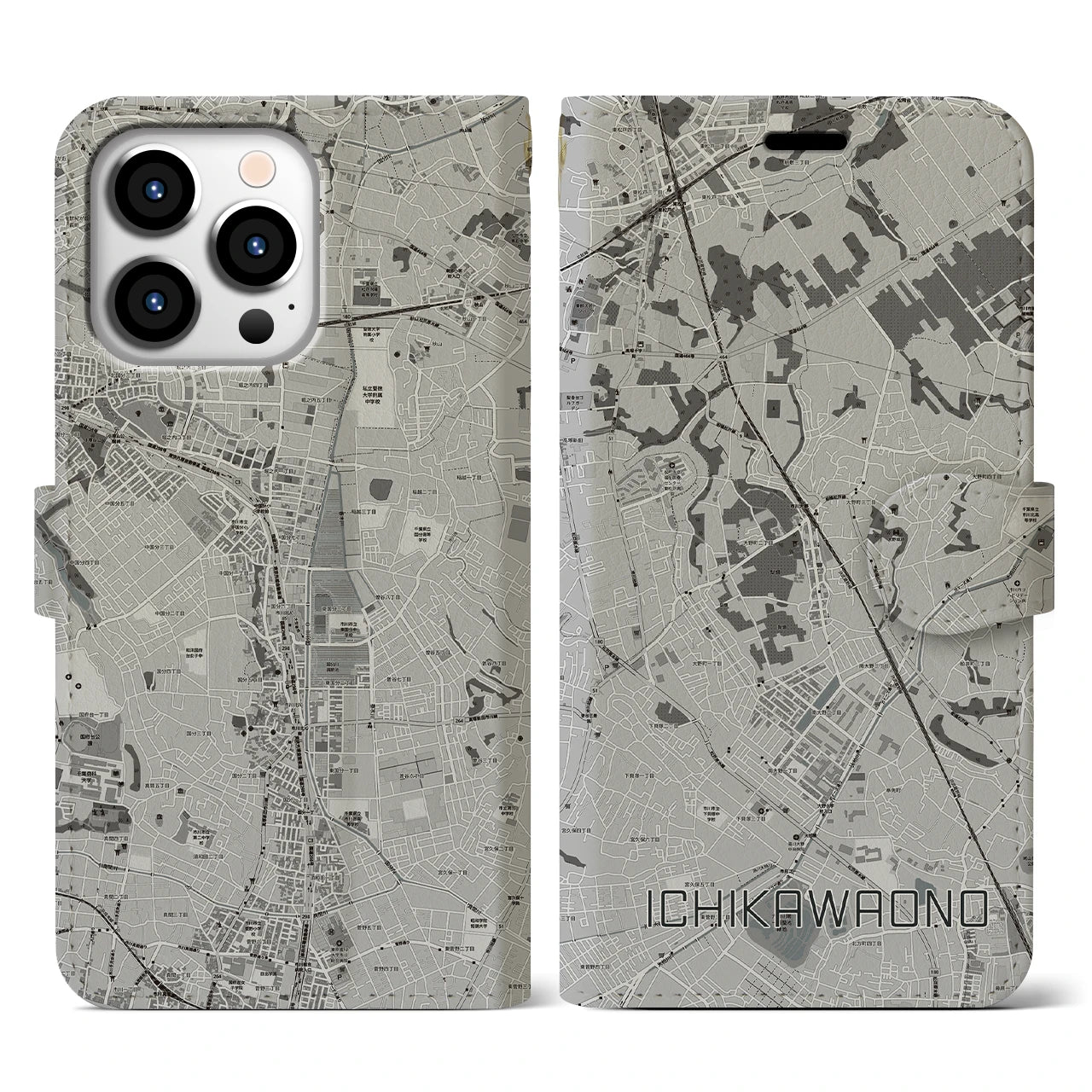 【市川大野(千葉県)】地図柄iPhoneケース(手帳タイプ)モノトーン・iPhone 13 Pro 用