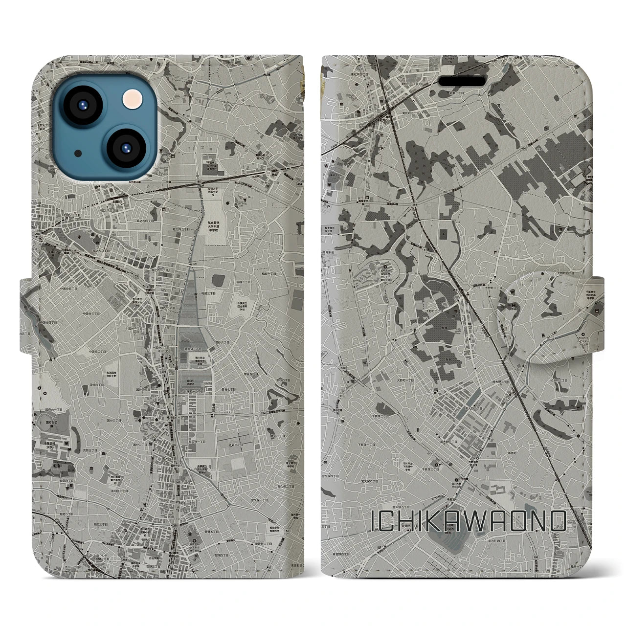 【市川大野(千葉県)】地図柄iPhoneケース(手帳タイプ)モノトーン・iPhone 13 用