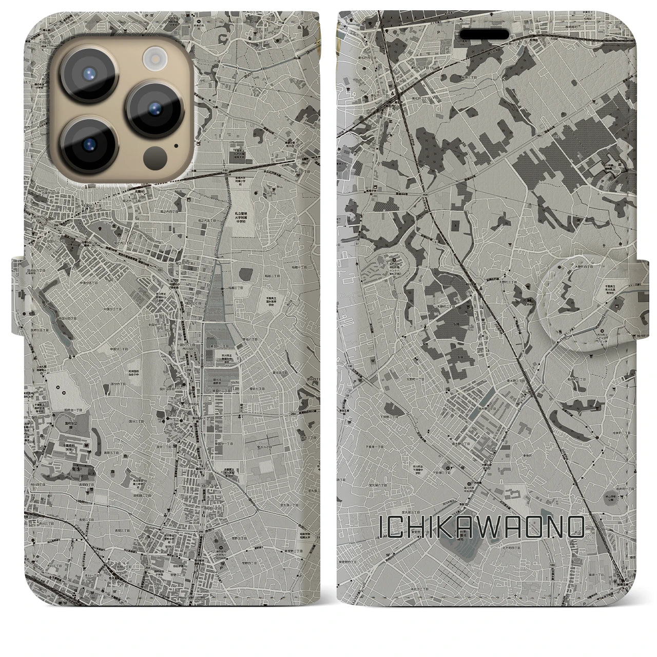 【市川大野(千葉県)】地図柄iPhoneケース(手帳タイプ)モノトーン・iPhone 14 Pro Max 用