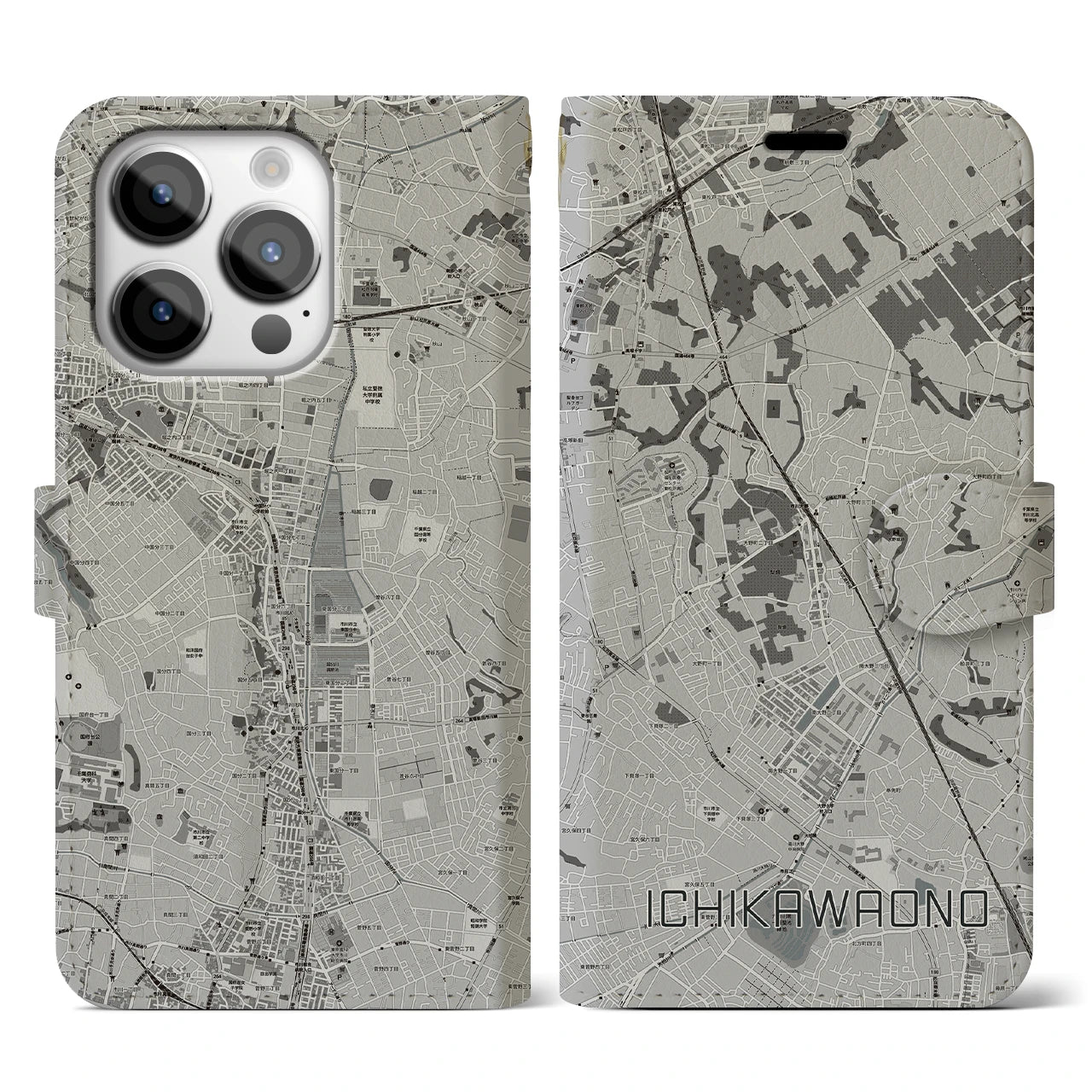 【市川大野(千葉県)】地図柄iPhoneケース(手帳タイプ)モノトーン・iPhone 14 Pro 用