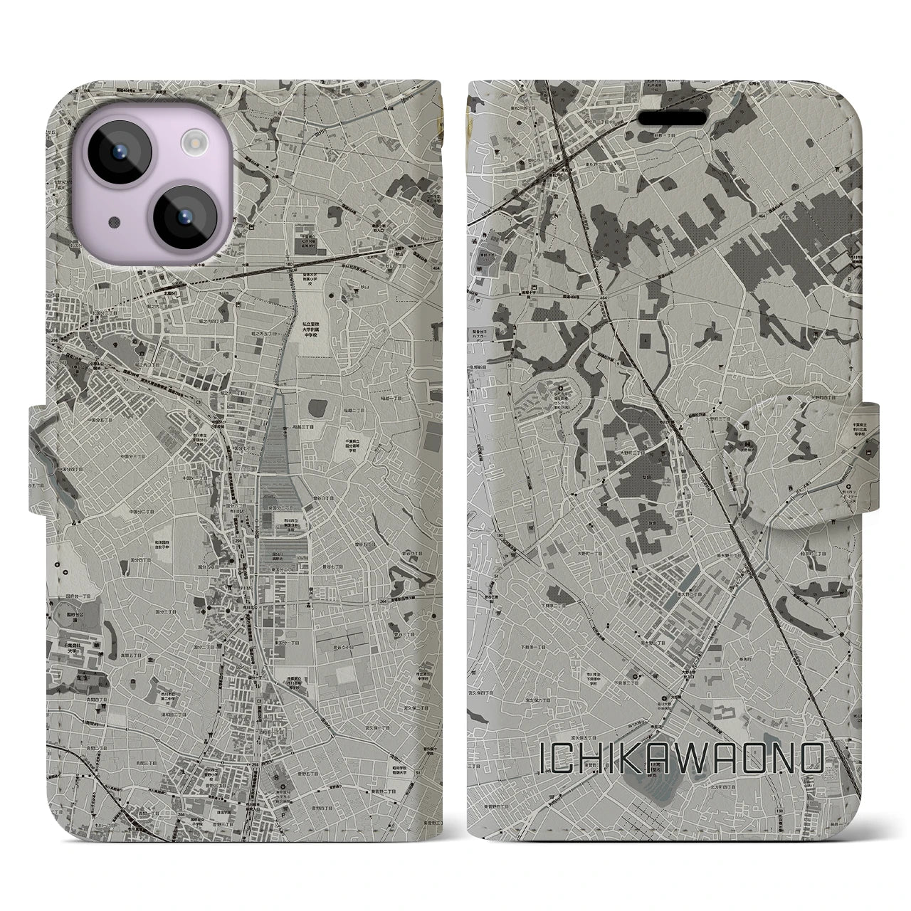 【市川大野(千葉県)】地図柄iPhoneケース(手帳タイプ)モノトーン・iPhone 14 用