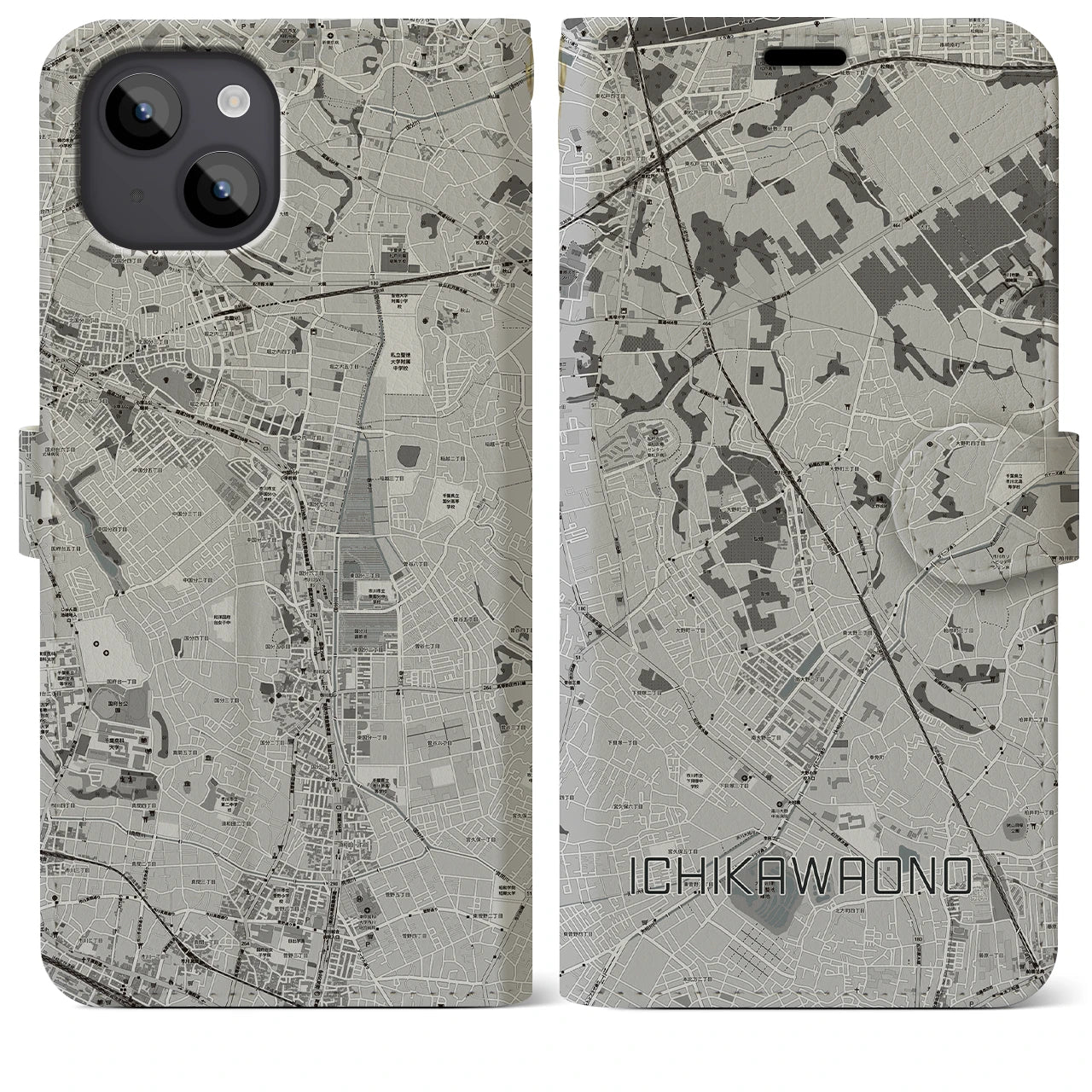 【市川大野(千葉県)】地図柄iPhoneケース(手帳タイプ)モノトーン・iPhone 14 Plus 用